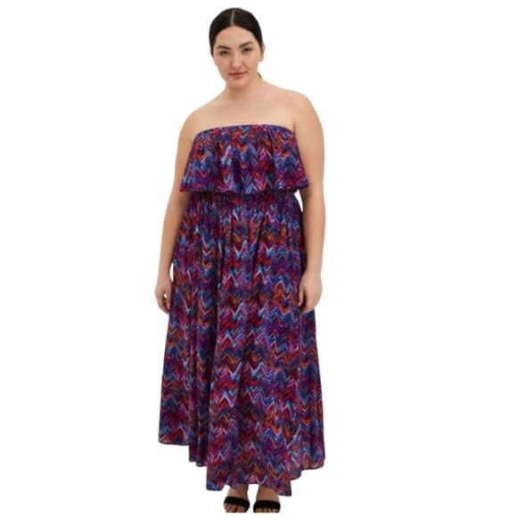 New! Maxi Challis Smocked  Ruffle Strapless Off Shoulder Flowy Dress, 4(4X/26) - Picture 1 of 7